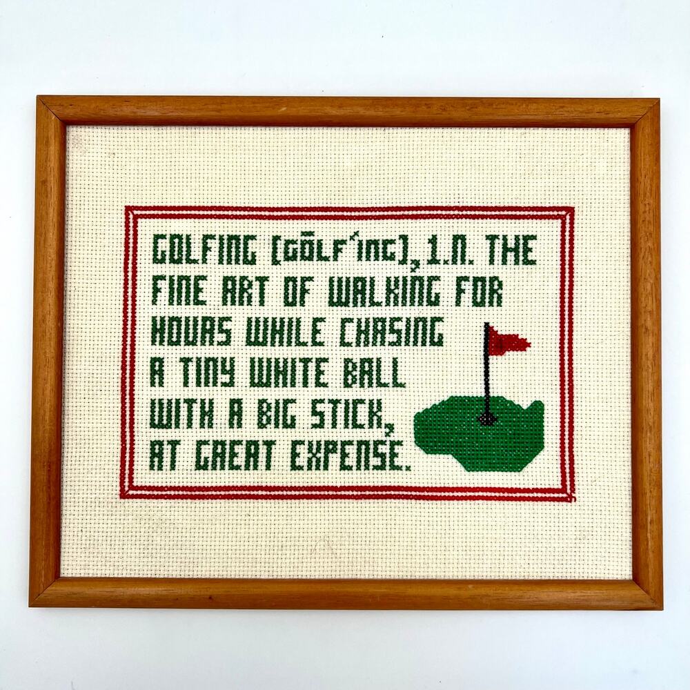 Vintage Framed Golf Cross Stitch Funny Definition Needlework Golfer Gift Decor